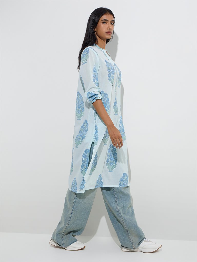 Utsa Light Blue Flower Butta Printed Cotton Straight Kurta
