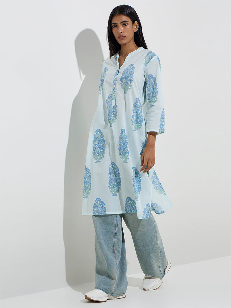 Utsa Light Blue Flower Butta Printed Cotton Straight Kurta