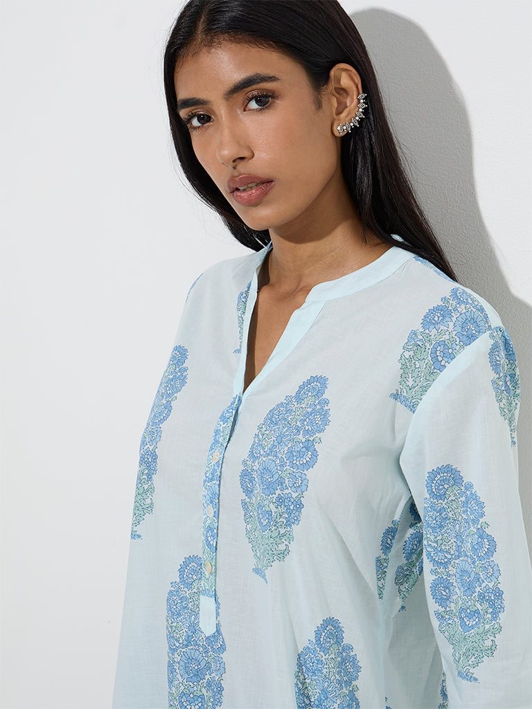 Utsa Light Blue Flower Butta Printed Cotton Straight Kurta