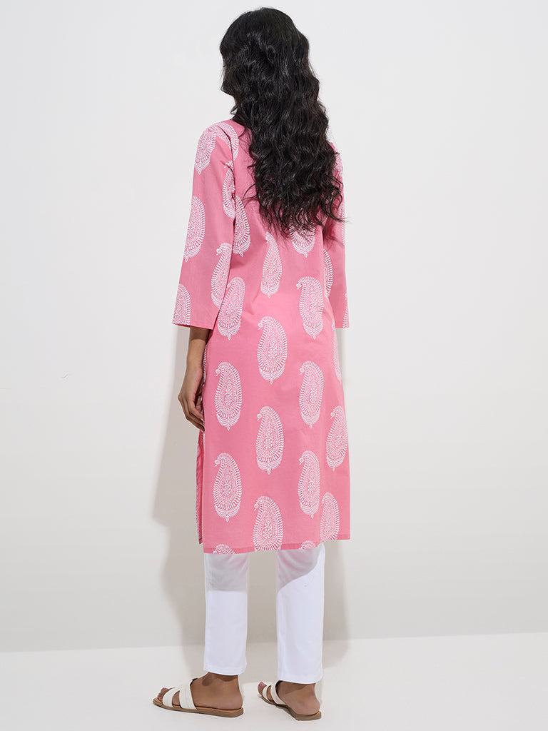 Utsa Pink Paisley Design Cotton Straight Kurta