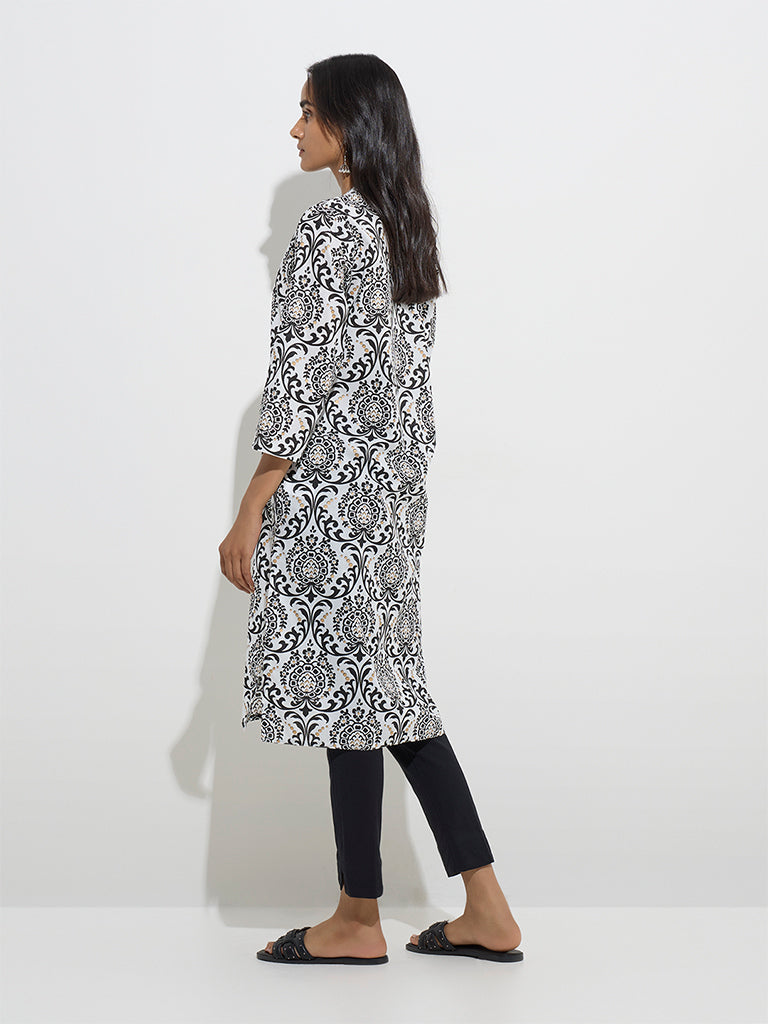 Utsa Black Printed Straight Cotton Kurta