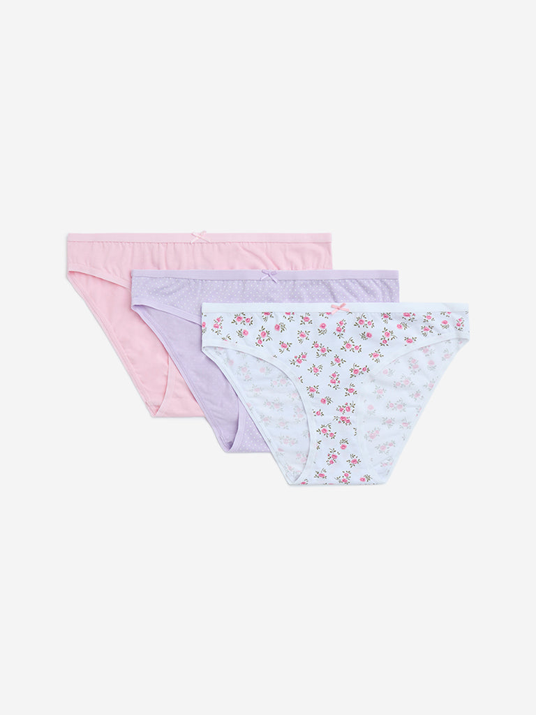 Wunderlove Pink Cotton-Blend Bikini Briefs - Pack of 3
