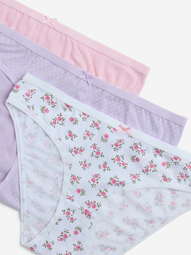 Wunderlove Pink Cotton-Blend Bikini Briefs - Pack of 3