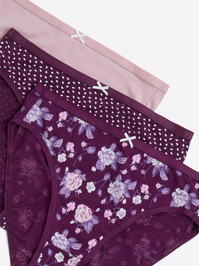 Wunderlove Purple Hi-Leg Cotton-Blend Briefs - Pack of 3