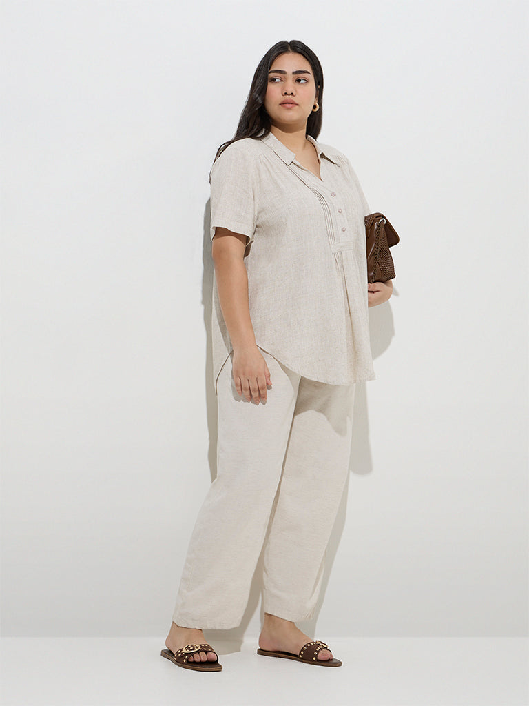 Gia Beige Pintuck-Detailed Linen-Blend Blouse