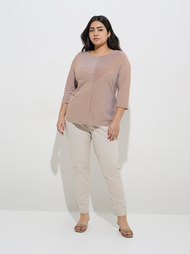 Gia Brown Stripe Printed T-Shirt