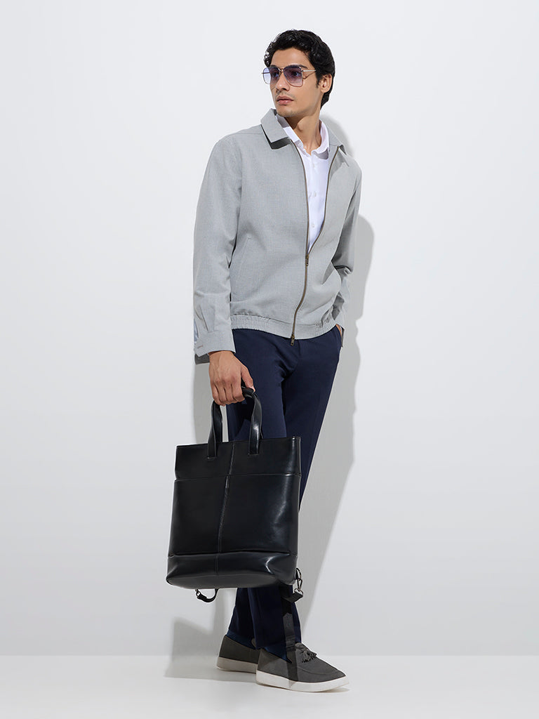 Westside WES Formals Men's Grey Pinstripe Slim-Fit Cotton-Blend Jacket for Work Wear Full Model View