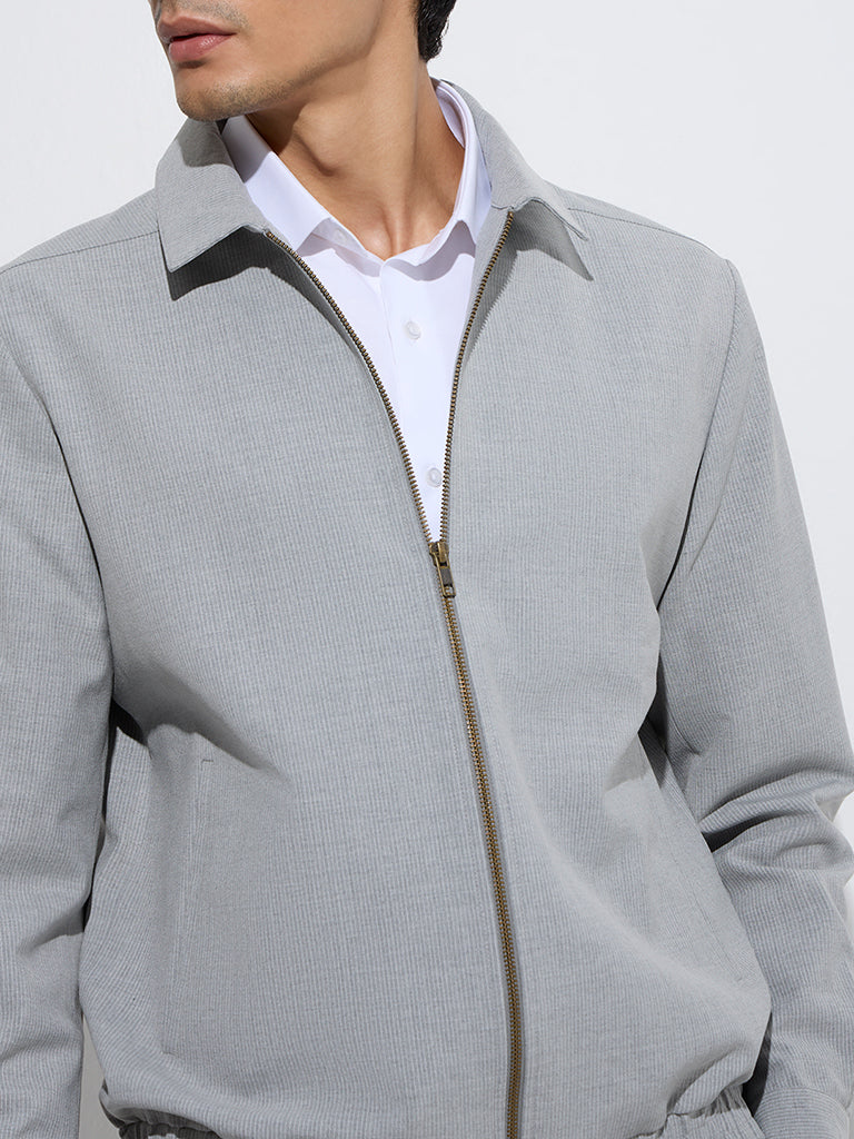 Westside WES Formals Men's Grey Pinstripe Slim-Fit Cotton-Blend Jacket for Work Wear Zoom View