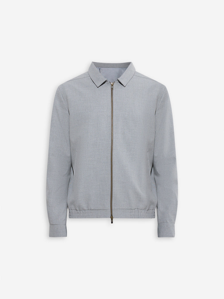Westside WES Formals Men's Grey Pinstripe Slim-Fit Cotton-Blend Jacket for Work Wear Flatly View