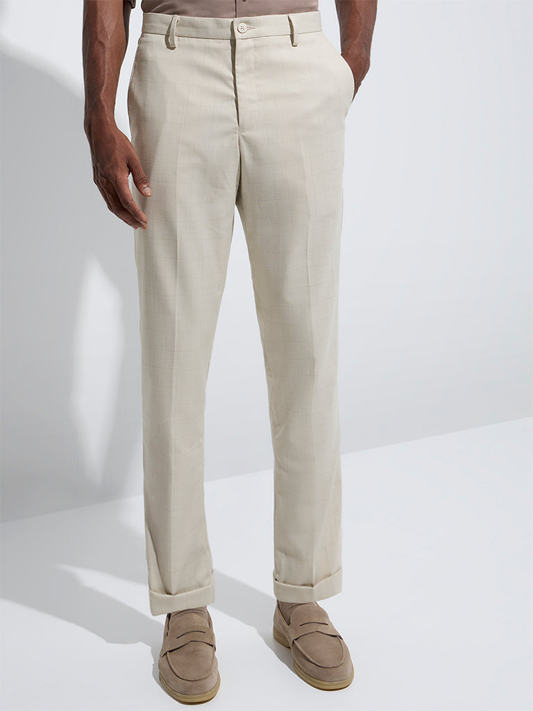 Westside WES Formals Men's Beige Checkered Relaxed-Fit Mid-Rise Trousers for Work Wear Front View
