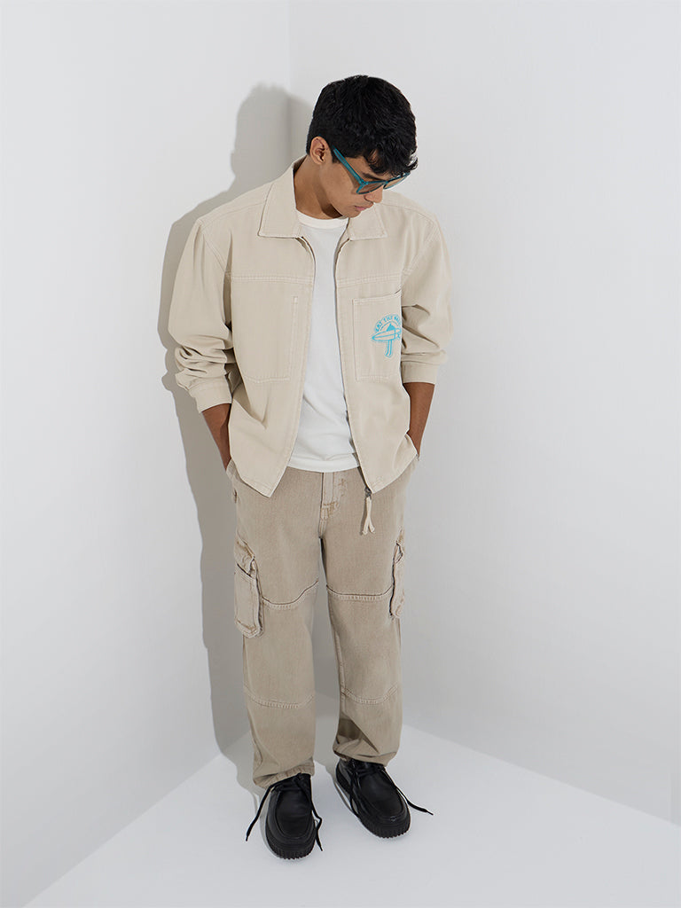 westisde Nuon Men's Beige Relaxed-Fit Denim Jacket for Casual Wear Full Model View