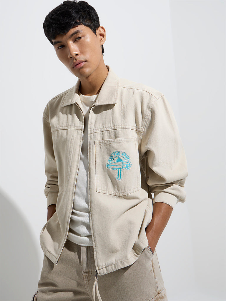 westisde Nuon Men's Beige Relaxed-Fit Denim Jacket for Casual Wear Front View