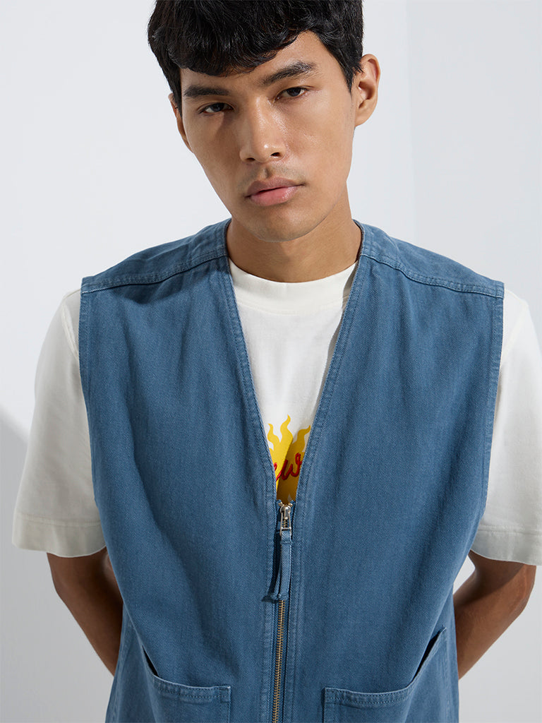 westisde Nuon Men's Blue Relaxed-Fit Denim Vest Jacket for Casual Wear Zoom View