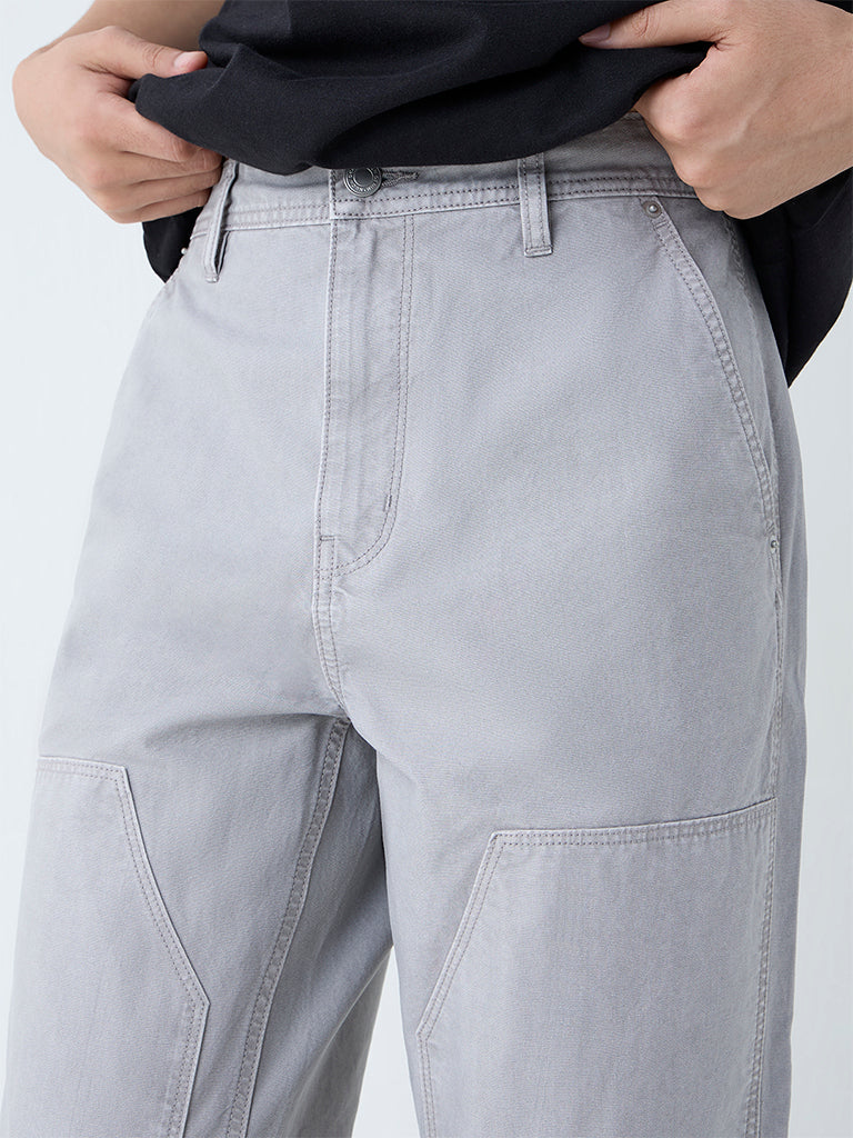 Nuon Grey Solid Relaxed-Fit Mid-Rise Trousers