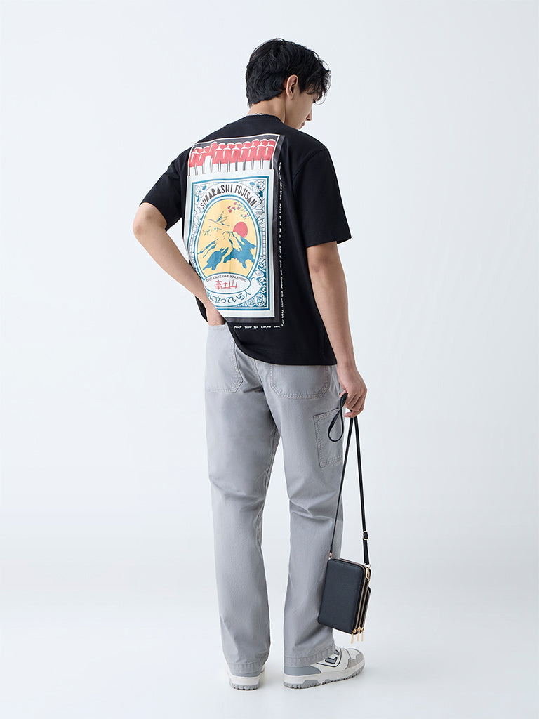 Nuon Grey Solid Relaxed-Fit Mid-Rise Trousers