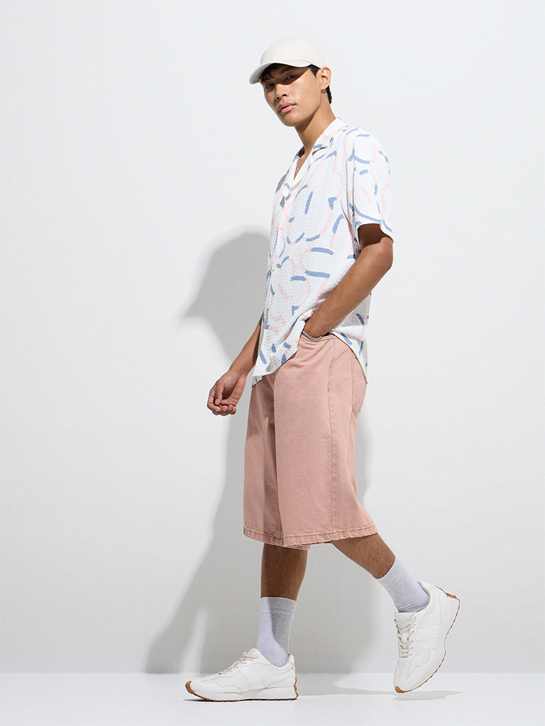 westisde Nuon Men's White Abstract Design Relaxed-Fit Shirt for Casual Wear Full Model View