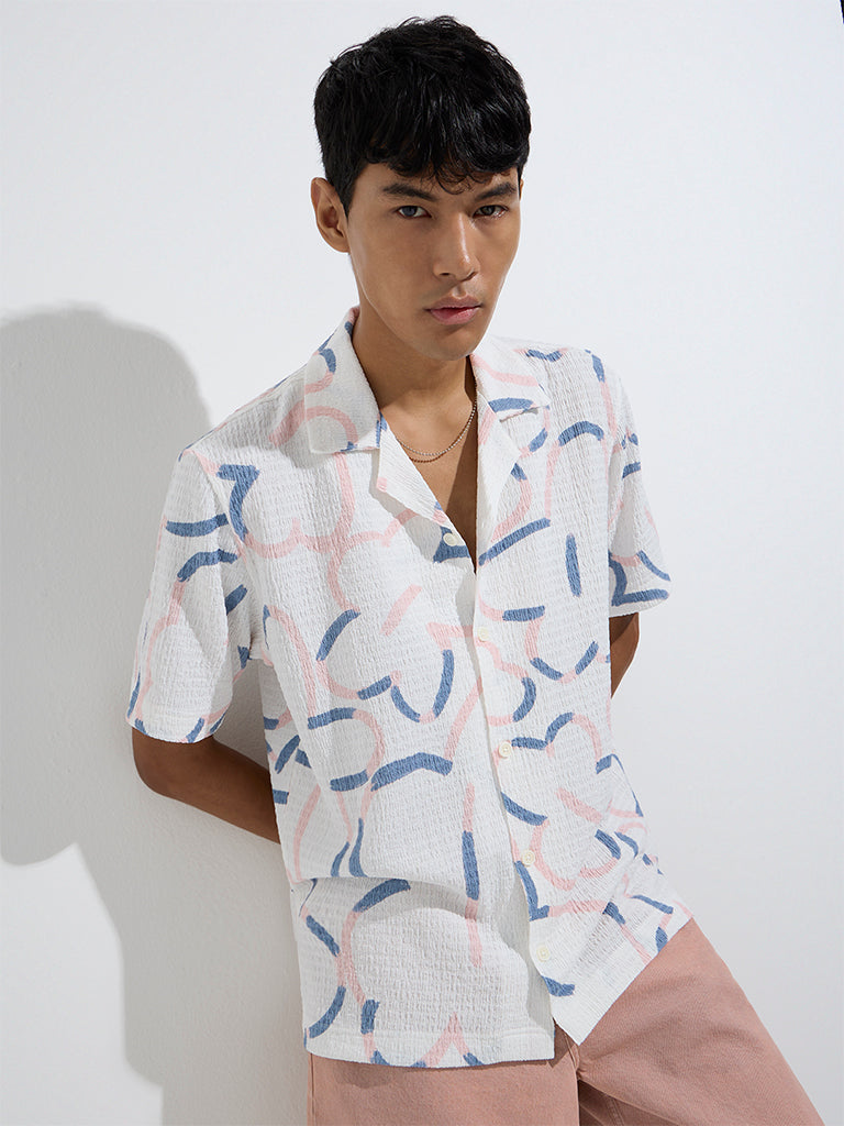 westisde Nuon Men's White Abstract Design Relaxed-Fit Shirt for Casual Wear Front View