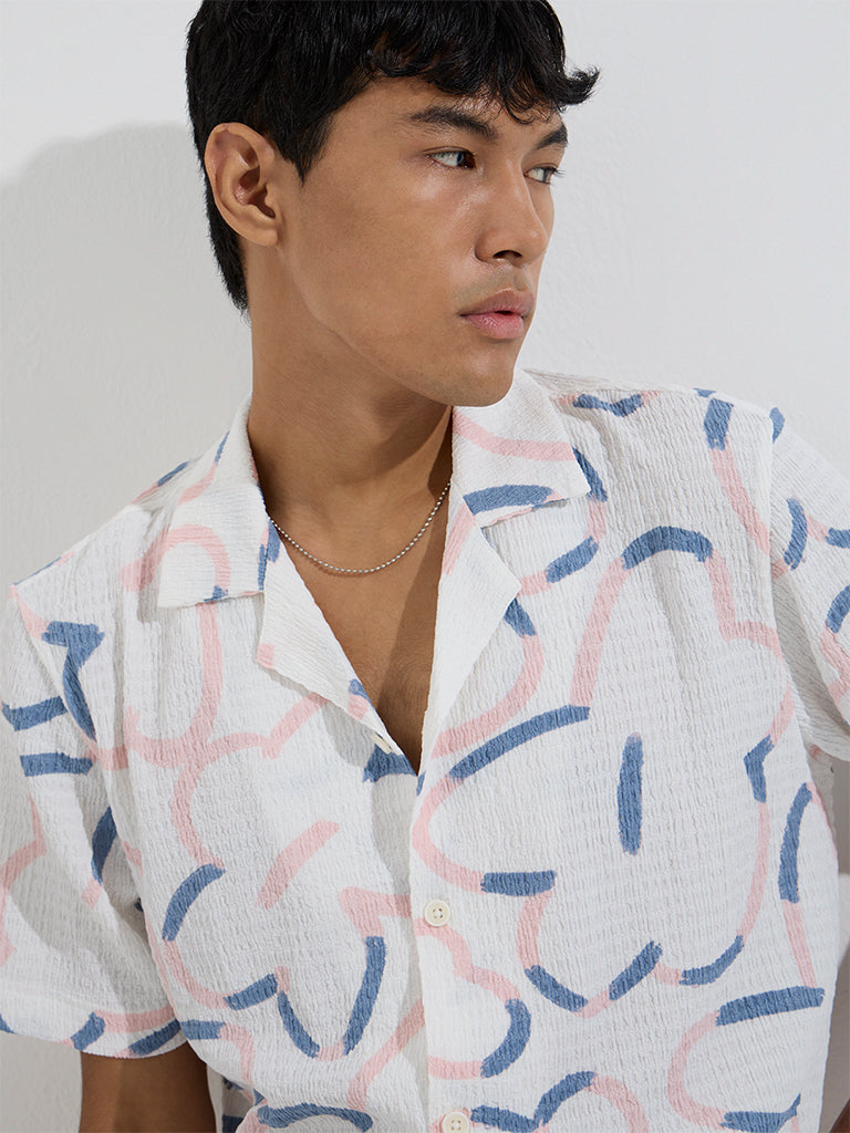 westisde Nuon Men's White Abstract Design Relaxed-Fit Shirt for Casual Wear Zoom View