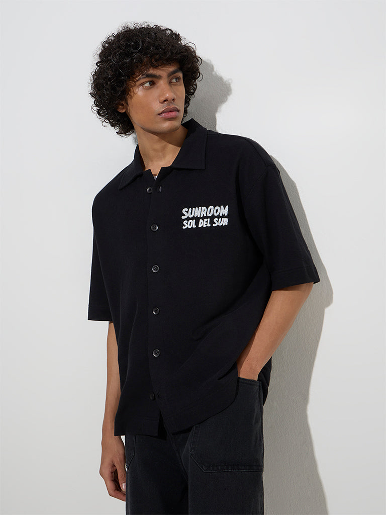 Westside Nuon Men's Black Text Design Relaxed-Fit Cotton Shirt for Casual Wear Front View