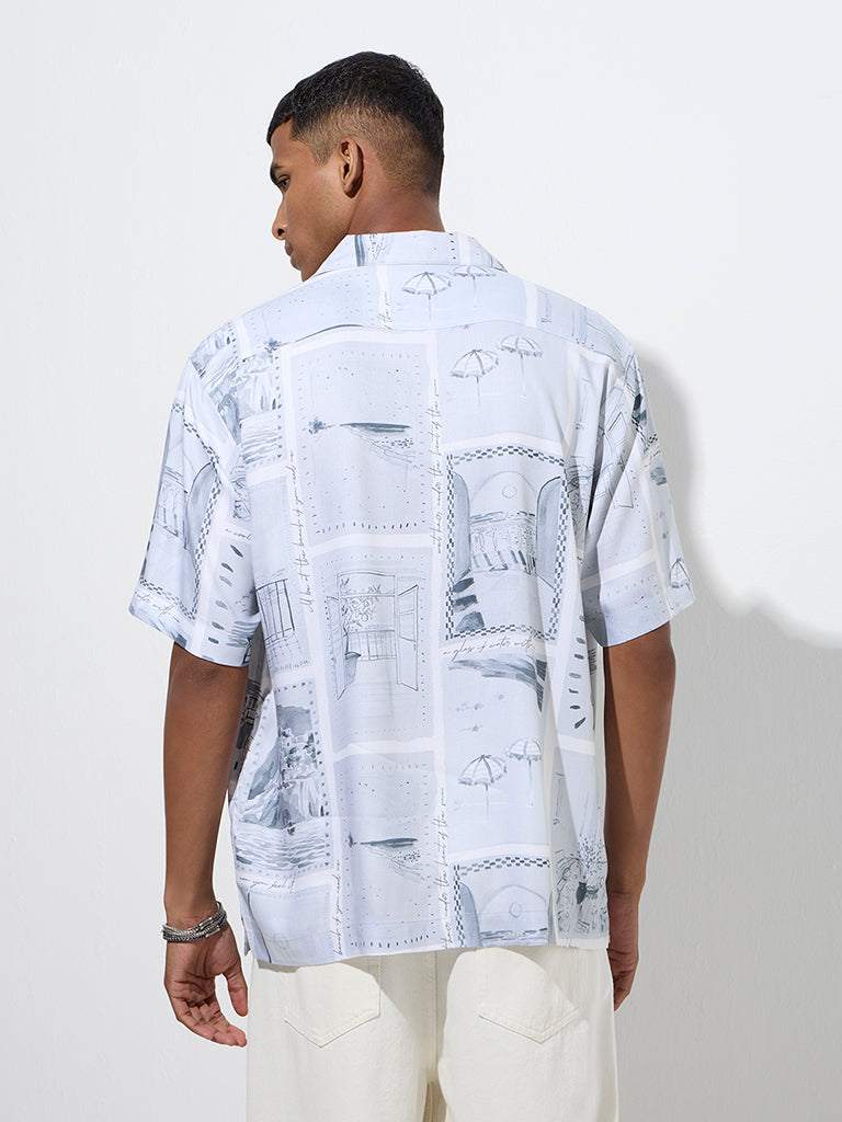 Westside Nuon Men's Light Grey Scenic-Inspired Relaxed-Fit Shirt for Casual Wear Back View