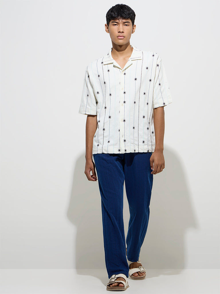 westisde Nuon Men's White Embroidered Relaxed-Fit Cotton Shirt for Casual Wear Full Model View