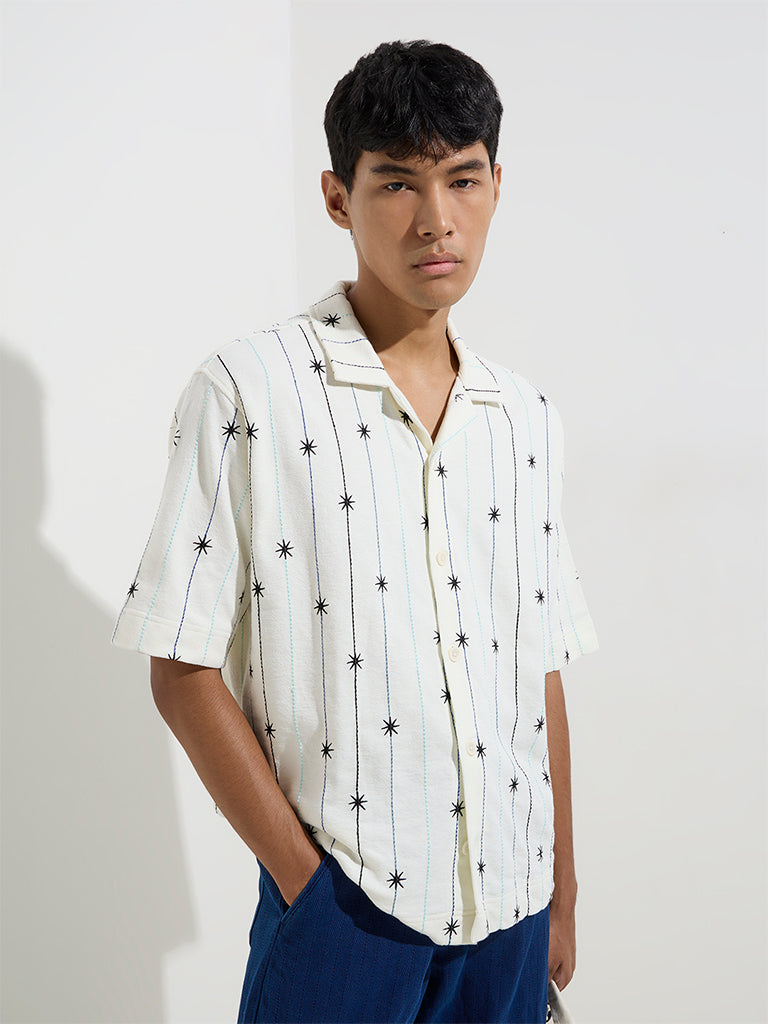 westisde Nuon Men's White Embroidered Relaxed-Fit Cotton Shirt for Casual Wear Front View