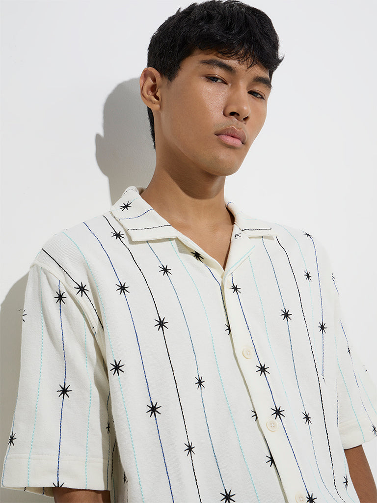 westisde Nuon Men's White Embroidered Relaxed-Fit Cotton Shirt for Casual Wear Zoom View