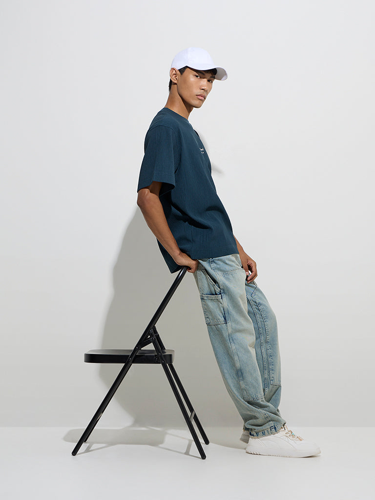 Nuon Teal Text Design Relaxed-Fit T-Shirt