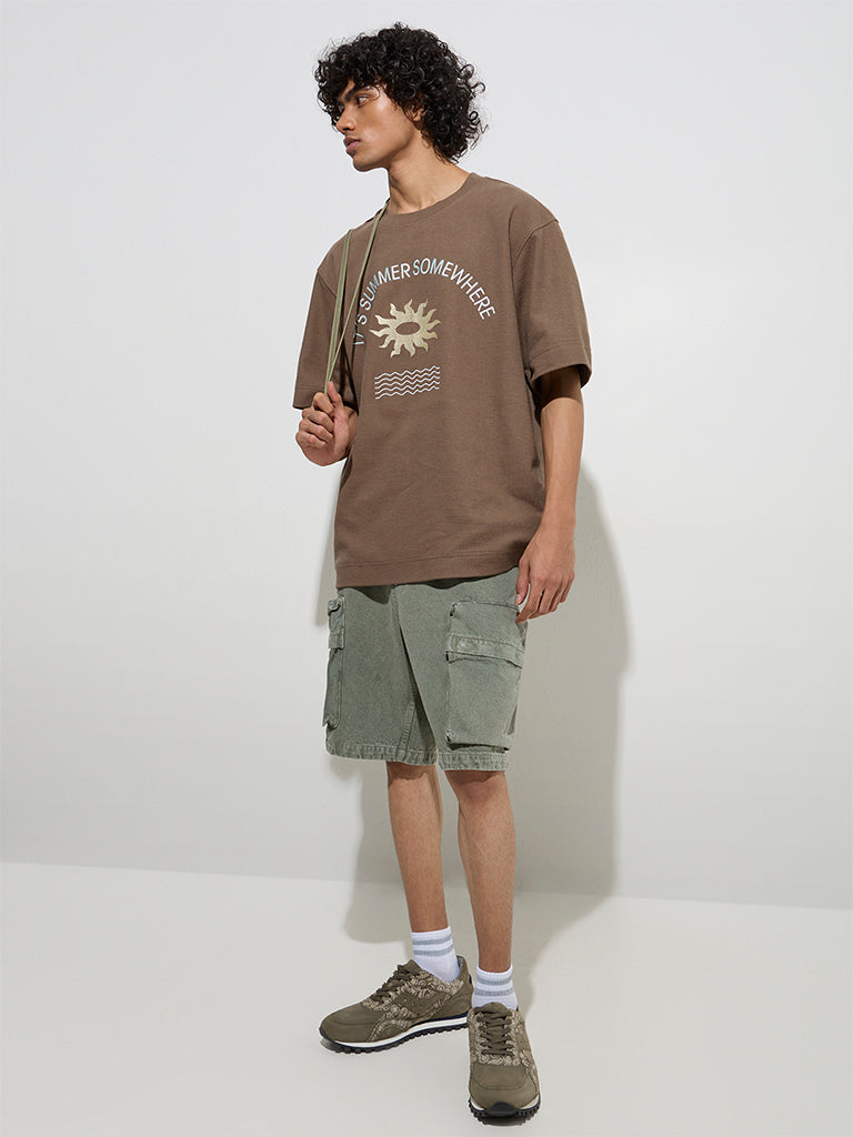 Nuon Brown Text Design Relaxed-Fit Cotton T-Shirt
