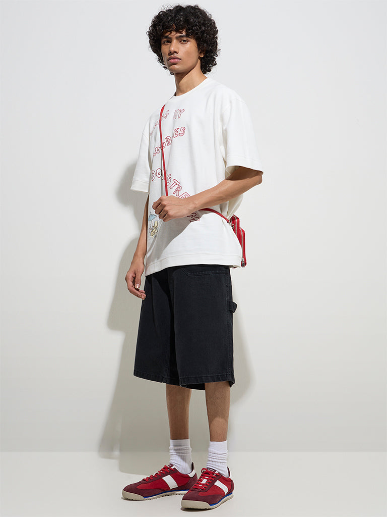 Nuon White Text Design Relaxed-Fit Cotton T-Shirt