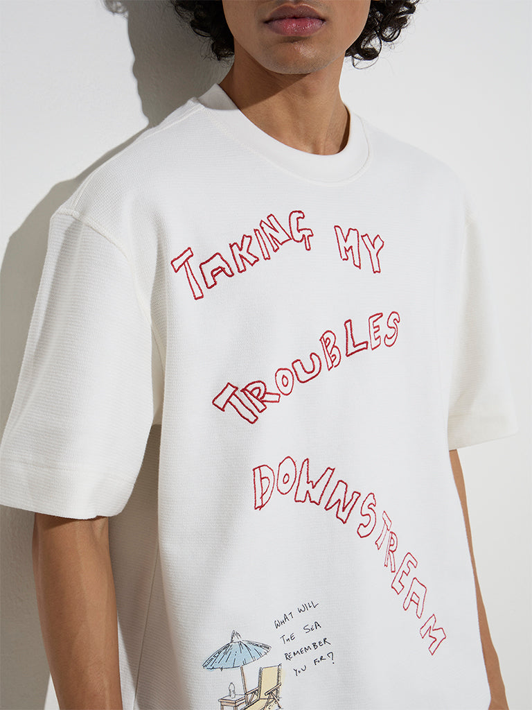Nuon White Text Design Relaxed-Fit Cotton T-Shirt