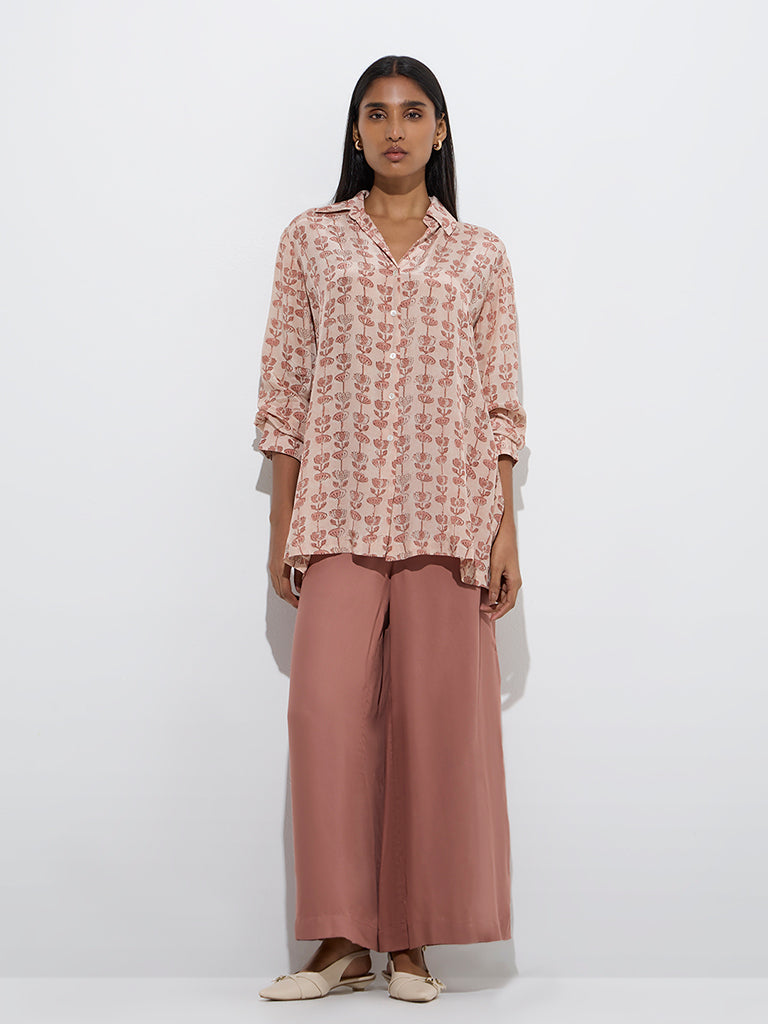 Westside Zuba Women's Peach Floral Patterned Tunic for Work Wear Full Model View