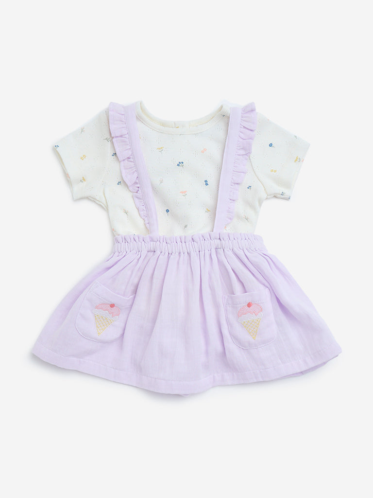 westisde HOP Baby Girls' Lilac Printed Cotton Pinafore with Top Set for Casual Wear Front View