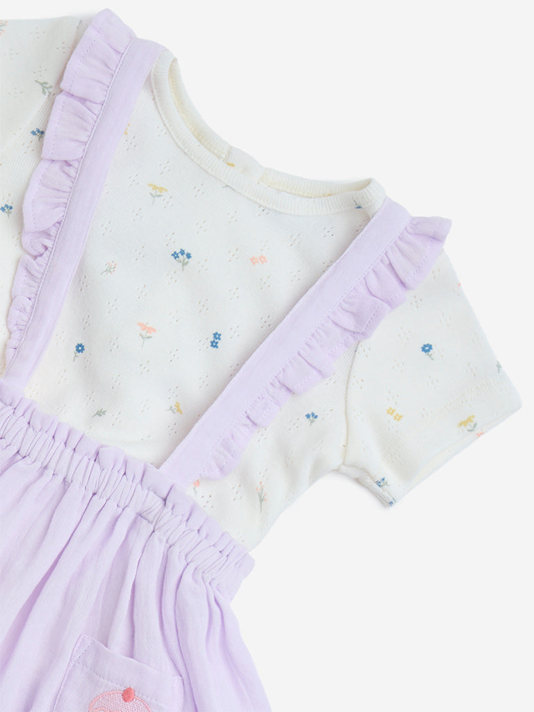 westisde HOP Baby Girls' Lilac Printed Cotton Pinafore with Top Set for Casual Wear Zoom View