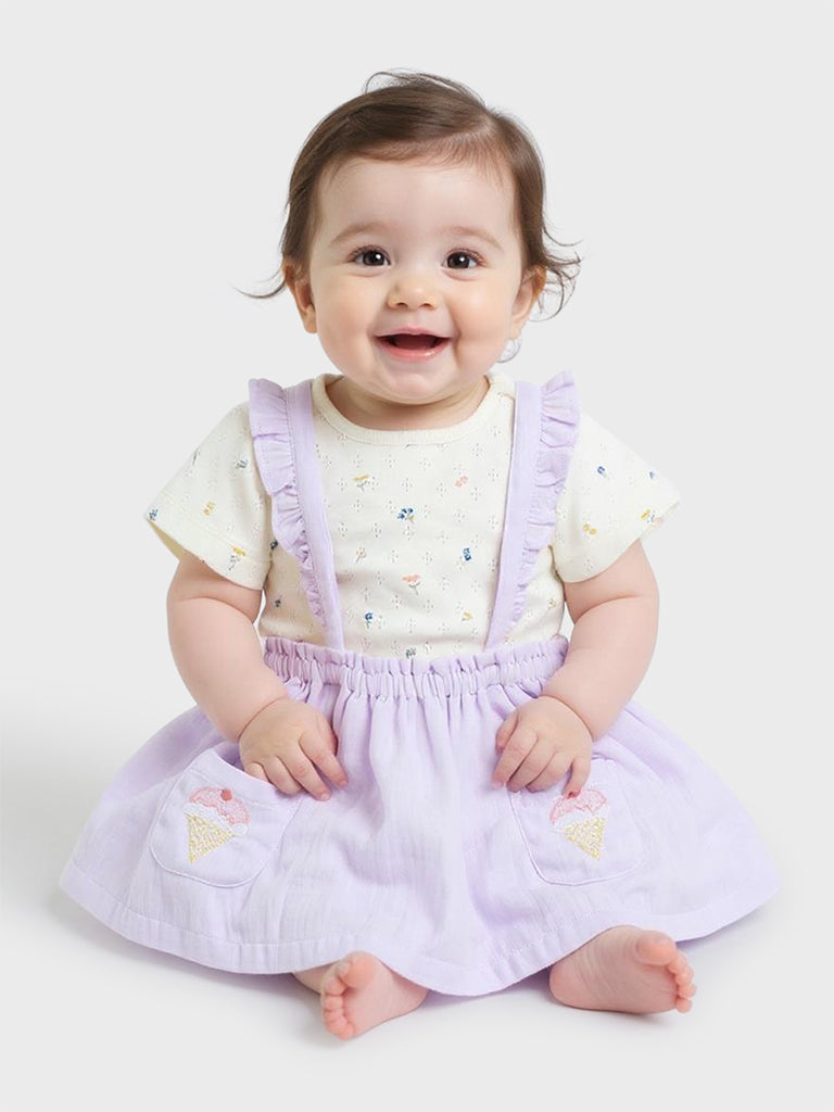 Westside HOP Baby Girl's Lilac Printed Cotton Pinafore with Top Set for Casual Wear Front View