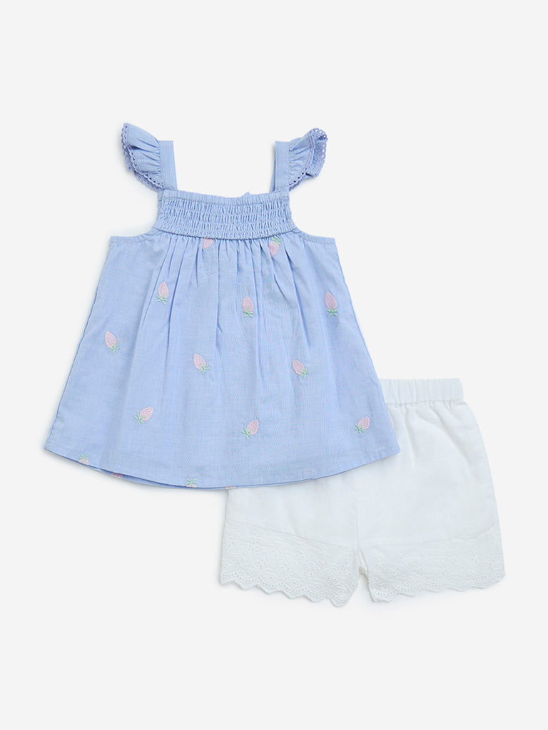 HOP Baby Light Blue Embroidered Cotton Top and Shorts Set