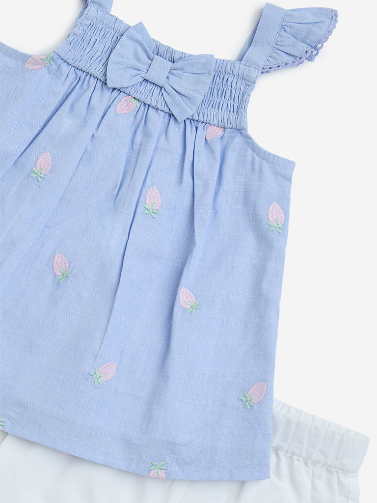 HOP Baby Light Blue Embroidered Cotton Top and Shorts Set