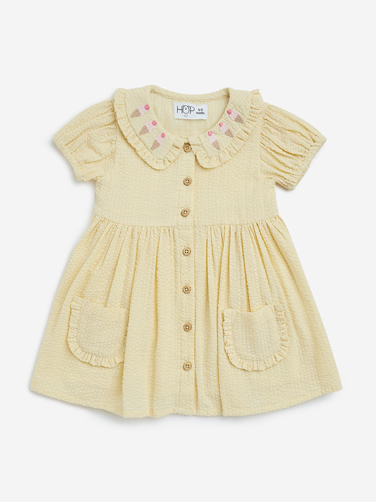 westisde HOP Baby Girls' Yellow Seersucker Cotton A-Line Dress for Casual Wear Front View