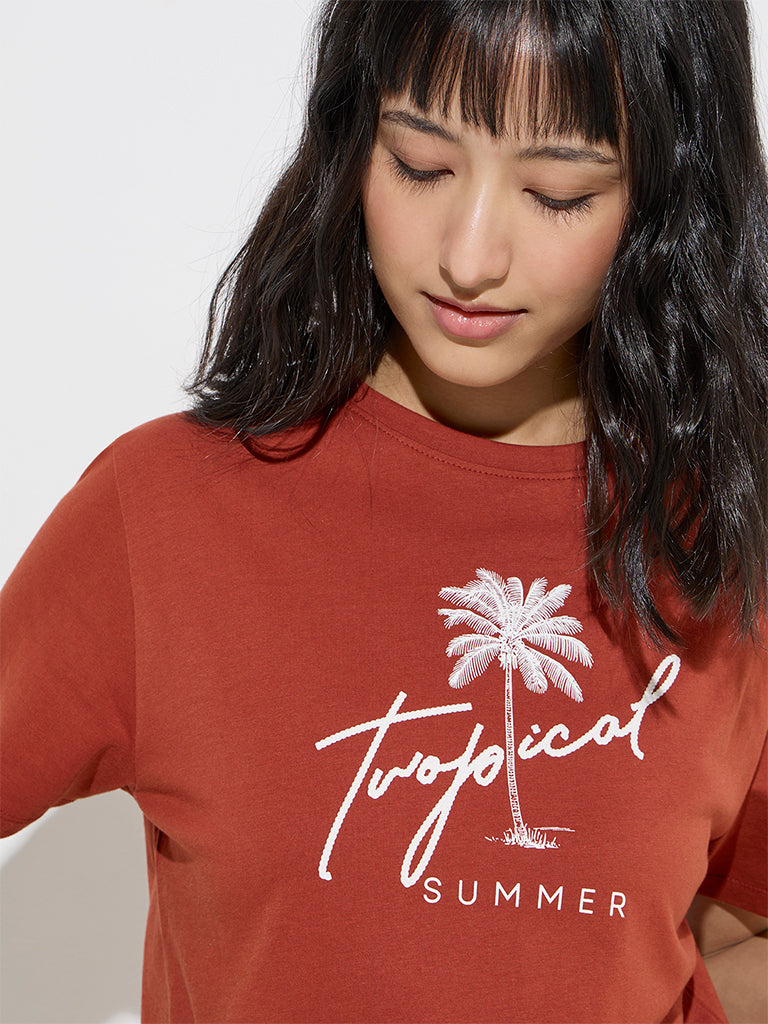 LOV Rust Tropical-Inspired Cotton T-Shirt