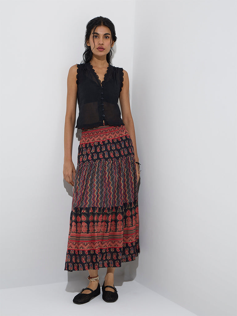westisde Bombay Paisley Women's Black Paisley Design Cotton Skirt for Everyday Full Model View
