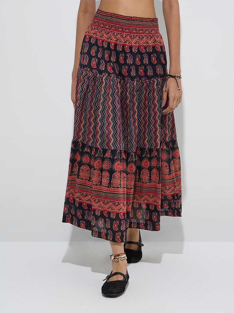 westisde Bombay Paisley Women's Black Paisley Design Cotton Skirt for Everyday Front View