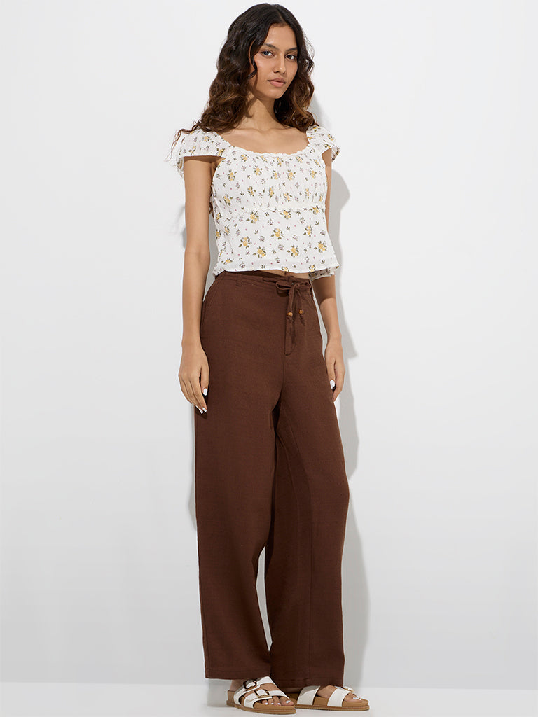 westisde Bombay Paisley Women's Brown Solid Cotton-Blend Pants for Everyday Full Model View