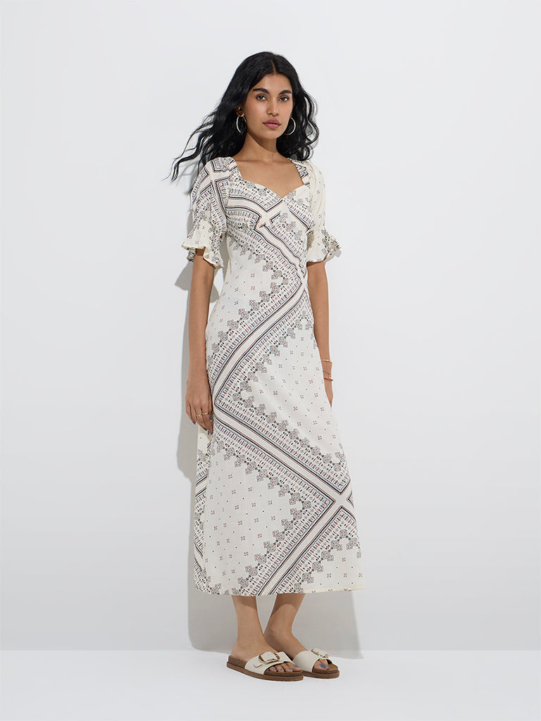 westisde Bombay Paisley Women's Off-White Printed A-Line Cotton Dress for Everyday Front View