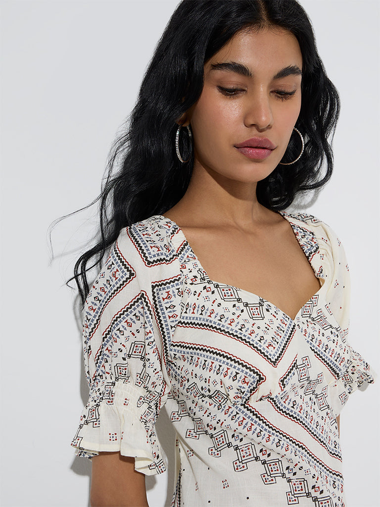 westisde Bombay Paisley Women's Off-White Printed A-Line Cotton Dress for Everyday Zoom View