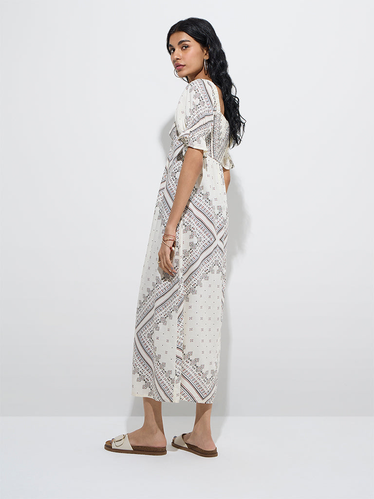 westisde Bombay Paisley Women's Off-White Printed A-Line Cotton Dress for Everyday Back View