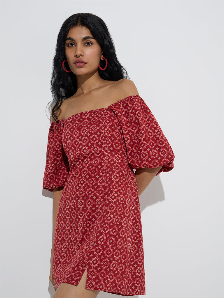 Bombay Paisley Red Printed Cotton-Blend A-Line Dress