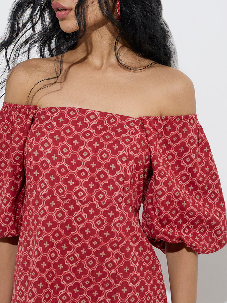 Bombay Paisley Red Printed Cotton-Blend A-Line Dress