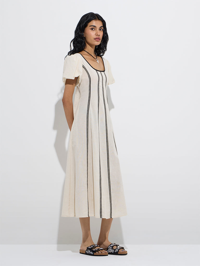 Bombay Paisley Off-White Striped Cotton-Blend A-Line Dress
