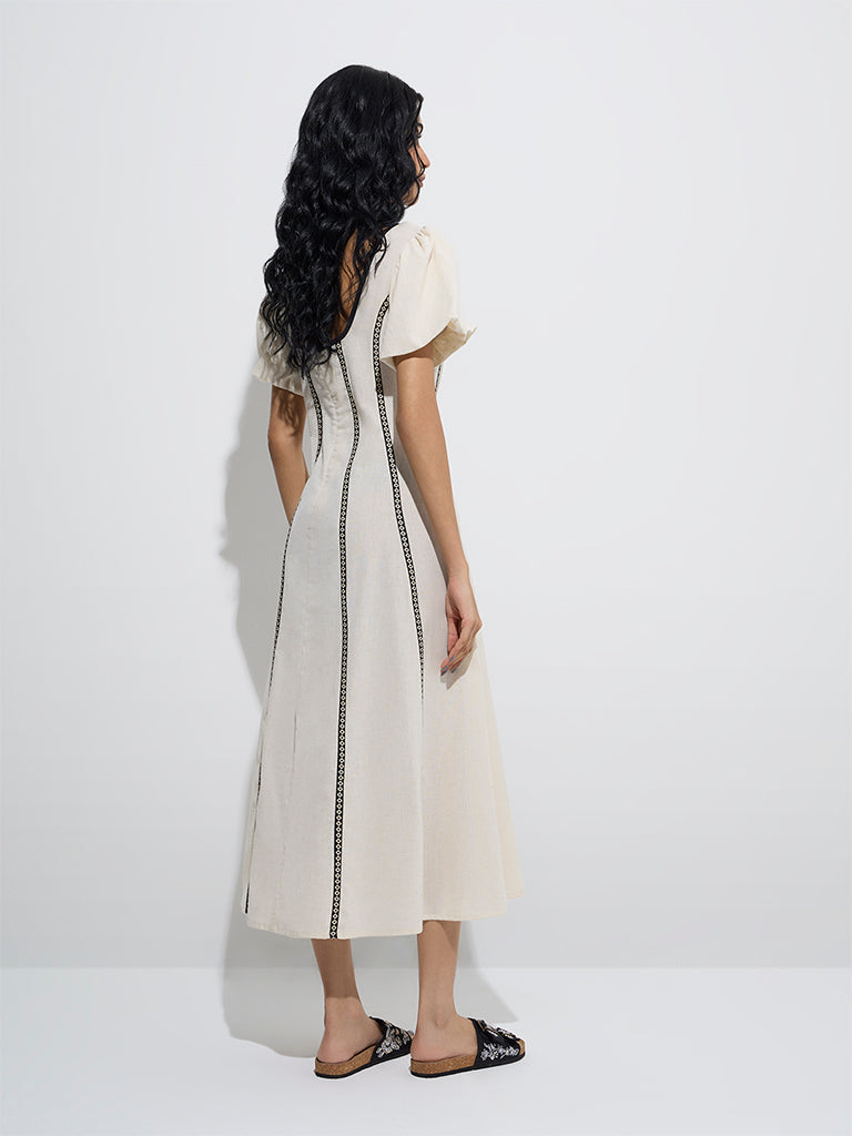 Bombay Paisley Off-White Striped Cotton-Blend A-Line Dress