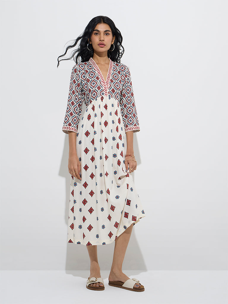 Bombay Paisley Off-White Floral Design A-Line Dress